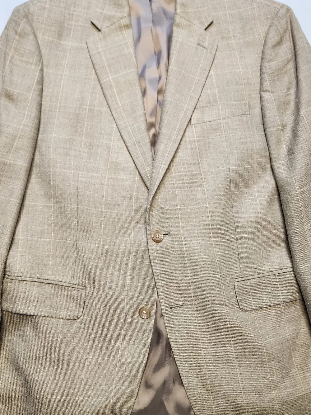 Lauren Ralph Lauren Sport Coat 42R Tan Beige Windowpane Silk Linen Wool slubby